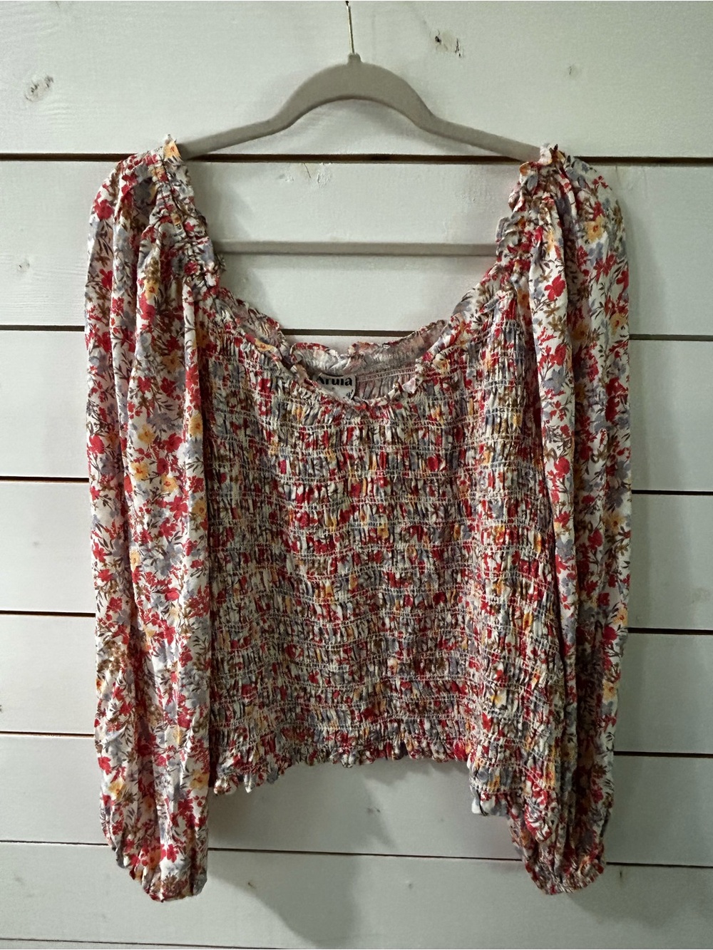 Arula Floral Smocked Peasant Blouse Square Neck Long Puff Sleeve Boho Top 2X